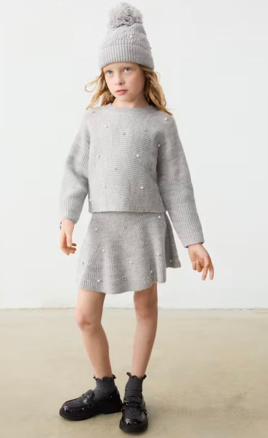 Sweater Skirt Set with Pearls