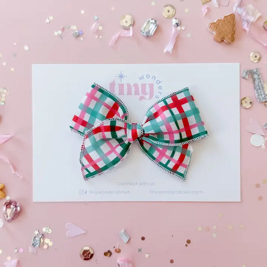 Pink + Mint Plaid Bow Clip