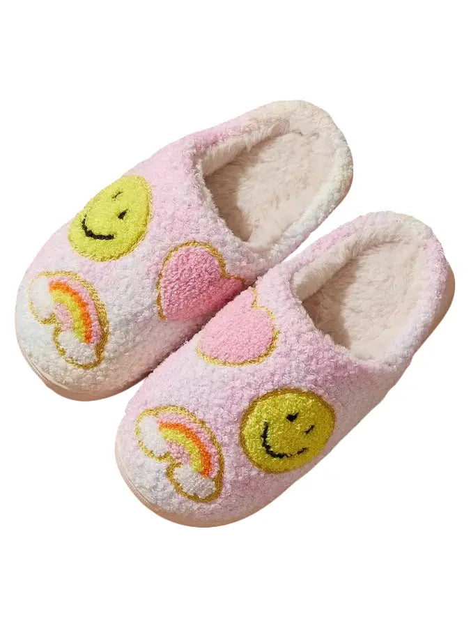 Rainbow Smiley Fuzzy Slippers
